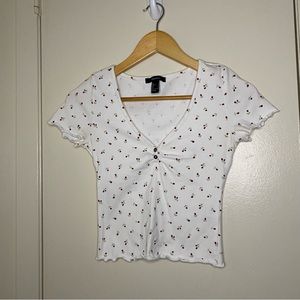 FOREVER 21 White Lettuce Trim Deep V Neck Top
